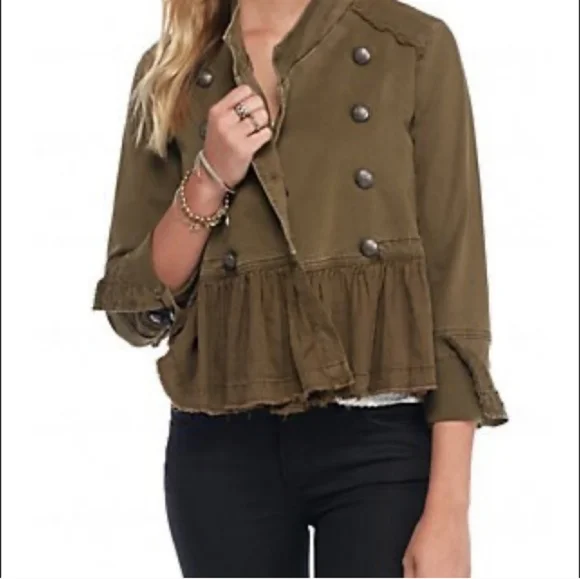 Free People Ruffle Hem Military Jacket- Olive Green -S - Picture 11 of 11